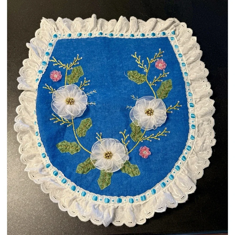 Vtg 3-Piece Bathroom Set Ribbon Embroidery Floral Ruffles Teal Blue Grannycore
